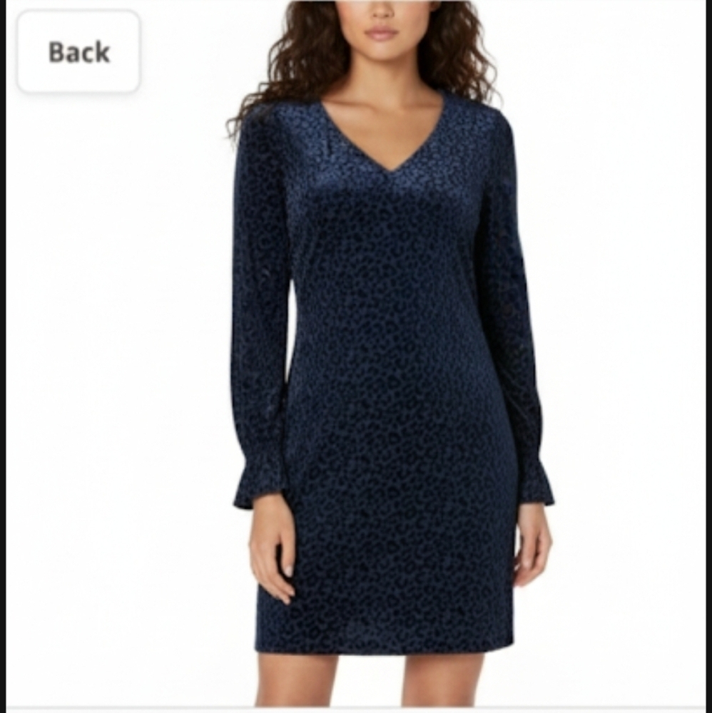 Nine west Navy blue 👗burnout velvet Leopard Print Long Sleeves dress Size 6